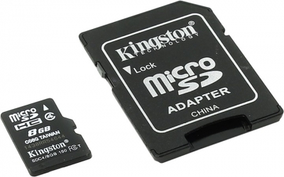  Kingston <SDC4/8GB>  microSDHC Memory Card 8Gb Class4 +  microSD-->SD  Adapter  