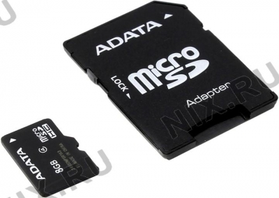  ADATA <AUSDH8GCL4-RA1> microSDHC Memory Card 8Gb Class4 + microSD-->SD Adapter  