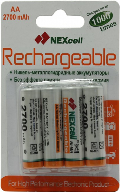   Nexcell AA-2700-4 (1.2V, 2700mAh) NiMh, Size "AA" <.  4  >  