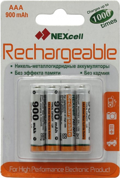   Nexcell AAA-900-4 (1.2V, 900mAh) NiMh, Size "AAA" <.  4  >  