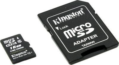  Kingston <SDC4/16GB>  microSDHC Memory Card 16Gb Class4 + microSD-->SD Adapter  
