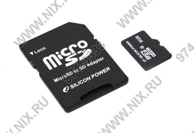  Silicon Power <SP008GBSTH010V10-SP> microSDHC Memory Card 8Gb Class10 + microSD-->SD Adapter  