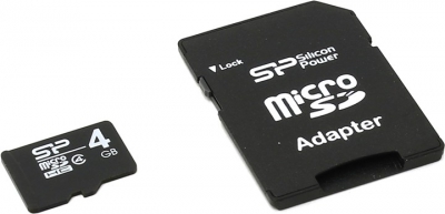  Silicon Power <SP004GBSTH004V10-SP> microSDHC Memory Card 4Gb Class4 + microSD-->SD Adapter  