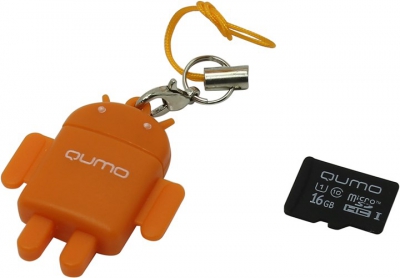  Qumo Fundroid <QM16GCR-MSD10-FD-ORG> MicroSDHC Memory Card 16Gb Class10  + USB  microSD  Reader  
