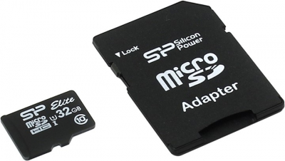  Silicon Power <SP032GBSTHBU1V10-SP> microSDHC Memory Card 32Gb UHS-I U1 +  microSD-->SD  Adapter  