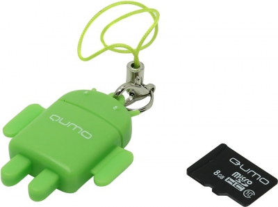  Qumo Fundroid <QM8GCR-MSD10-FD-GRN> MicroSDHC Memory Card 8Gb Class10 + USB  microSD  Reader  