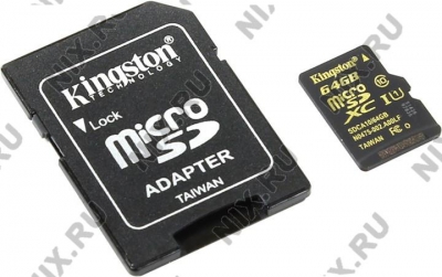  Kingston <SDCA10/64GB>  microSDXC Memory Card  64Gb UHS-I  microSD-->SD  Adapter  